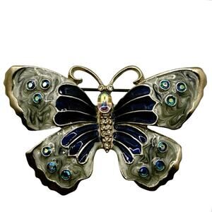 Vintage Blue Enamel Butterfly Brooch • Rhinestones • 2.25” Wide